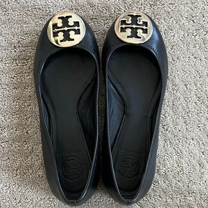 Tory Burch Black Leather Flats with Gold Emblem